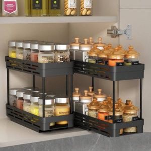 Multifunctional Pull-out Double-layer Plastic Storage Rack Kitchen Cabinet Spice